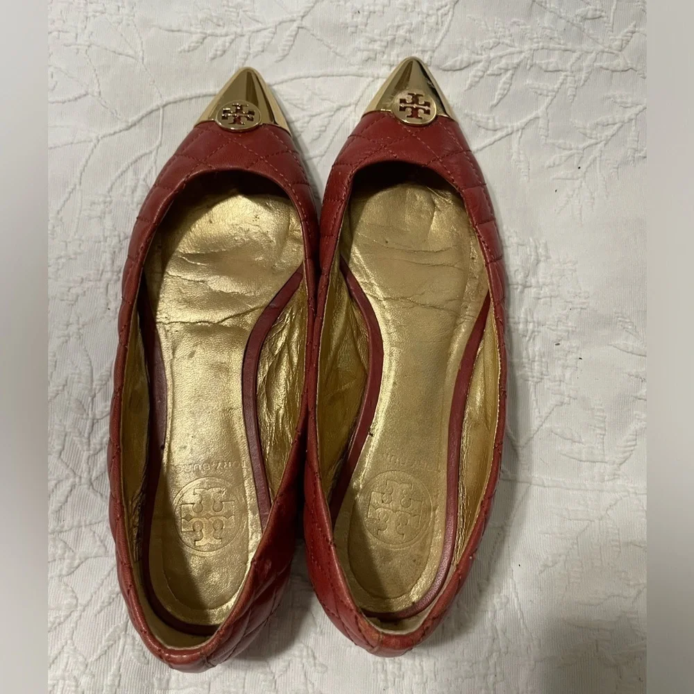 EUC Tory Burch Rust Gold Point Toe Slip On Quilted Ballet Flats Size 6